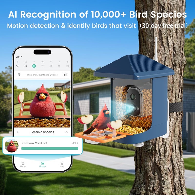 ACCULENZ Smart Bird Feeder with Camera, Solar Powered Bird Feeders for Outdoors, 1.8L 2K AI Identify 10,000+ Birds Species, Birds Feeder Camera IP65 Instant Notification, Ideal Gift for Avian Lovers - Image 2